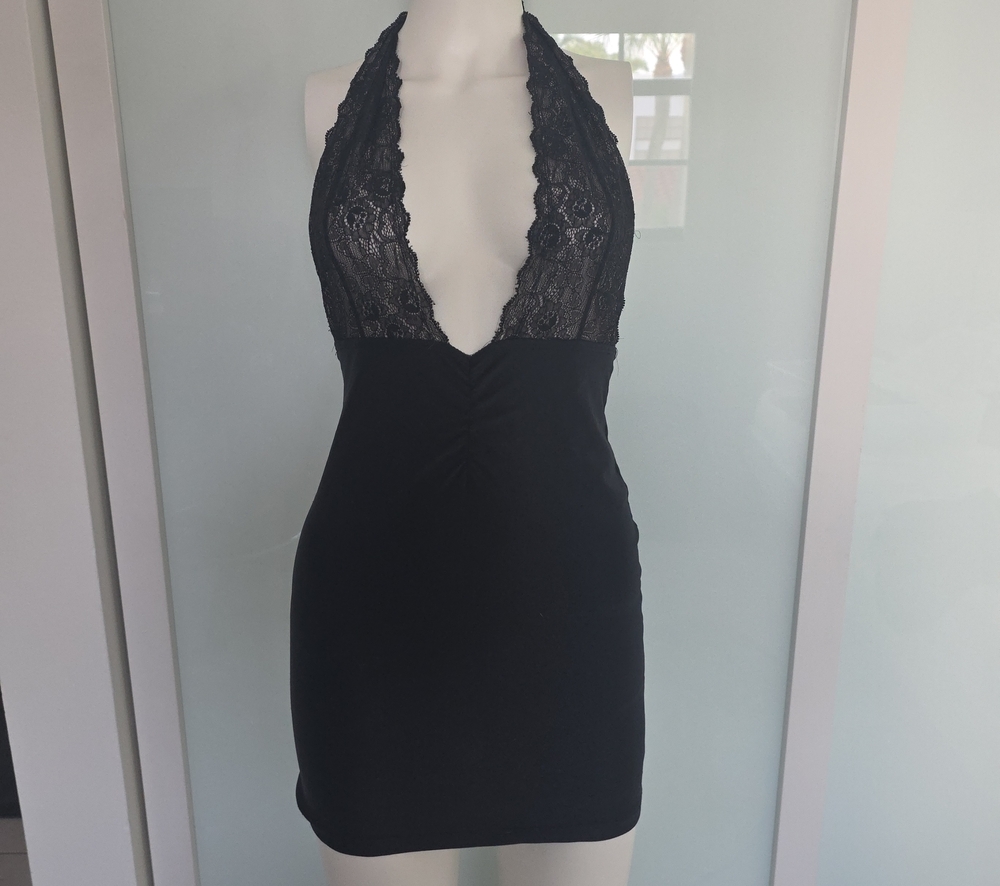 Black Lace Halter Mini Dress